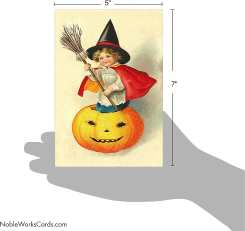 The Best Card Company - 1 Happy Halloween Card with Envelope, Fun Spooky Festive Card for Halloween - Vintage Pumpkins