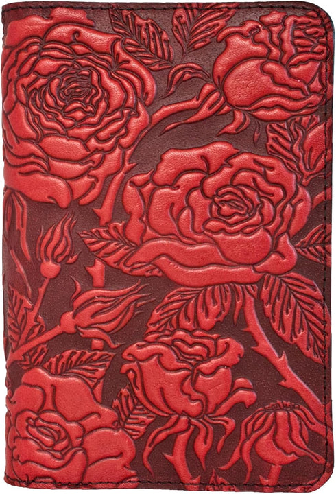 Oberon Design Wild Rose Pocket Notebook Cover, Fits 5.5 x 3.5 Inch Notebooks, Embossed Genuine Leather, Red