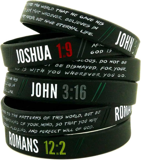 Ezekiel Gift Co. Christian Wristbands for Guys (6-Pack) - John 3:16, Romans 12:2, Joshua 1:9 - Religious Bible Gifts