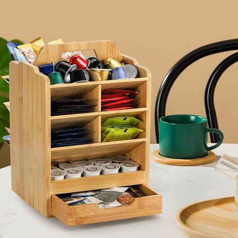 SOUJOY Bamboo Pen Holder Organizer, 360° Rotating Art Supply Storage Caddy for 400+ Pencils, 15 Compartments