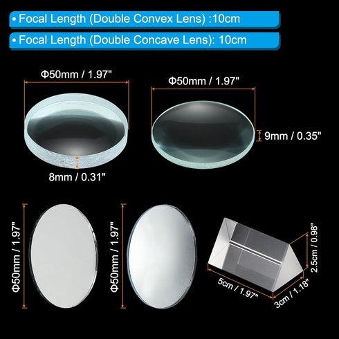 PATIKIL Optical Lens 1 Set, 5 Pcs Double Convex Lens Double Concave Lens Prism Lens Convex Mirror Concave Mirror for Physics Experiment Teaching, Clear