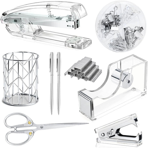 Office Desk Accessories Set - Acrylic Stapler Set with Staple Remover, Tape Holder, Pen Holder, Clips, and Staples