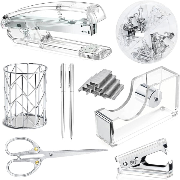Office Desk Accessories Set - Acrylic Stapler Set with Staple Remover, Tape Holder, Pen Holder, Clips, and Staples