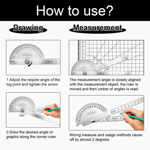 EQUNROY Set 10cm (3.94 Inch) 2 180 Protractor and Compass - Stainless Steel Angle Finder with Metal Compasses