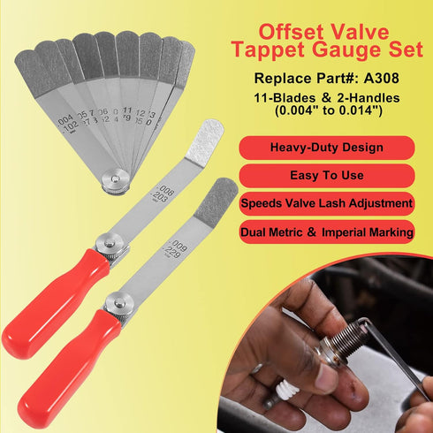A308 Offset Valve Tappet Gauge Set, 11-Blades Feeler Gauge/Feeler Blade with Two Handles (0.004" to 0.014")
