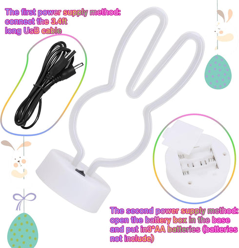 Welpurch Bunny Shape LED Neon Signs, Colorful Rainbow Rabbit Neon Lights USB/Battery Powered Night Lights with Base