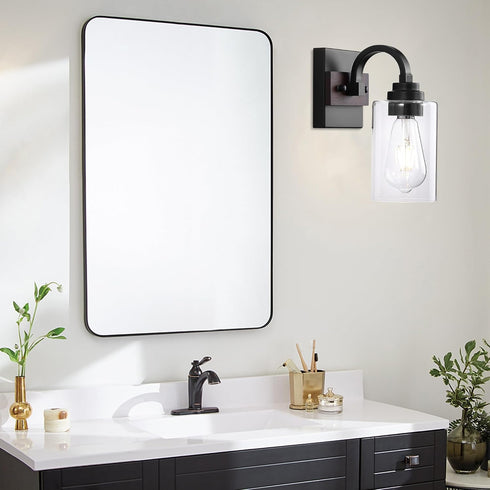 1-Light Mecgirn Black Wall Sconces, Farmhouse Vanity Light Fixtures for Bathroom, Wood Wall Lighting with Clear Glass