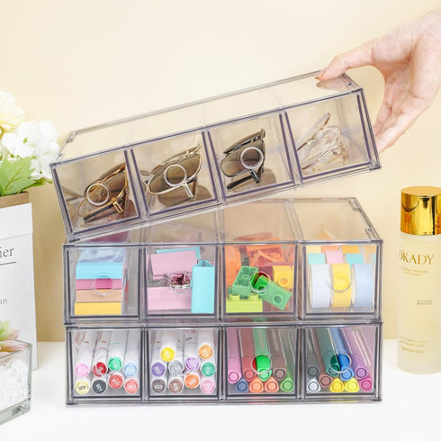 Desk Organizer with 12 Drawers, FODIENS Stackable Desktop Storage Box with Removable Drawer, Clear Sunglasses Organizer