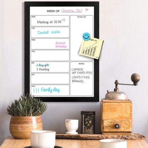 Weekly Dry Erase Whiteboard Calendar 15.7"x11.8", Magnetic Surface Memo Board for Wall, Black Wood Frame