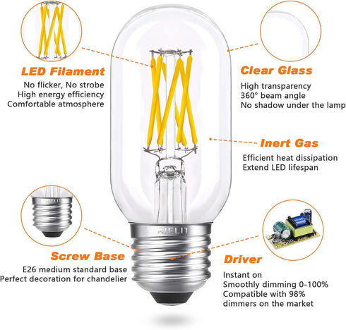 T45/T14 6W E26 Bulb 60 Dimmable(0-100%), 3000K, Bulbs 4-Pack LED Tube Watt Equivalent, Soft White Antique Edison