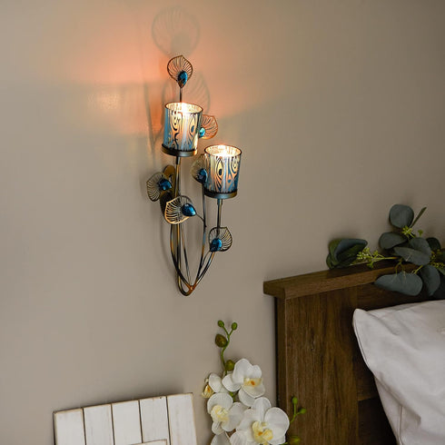 Elegant Peacock Plume Wall Sconce - Stunning Iron and Glass Design