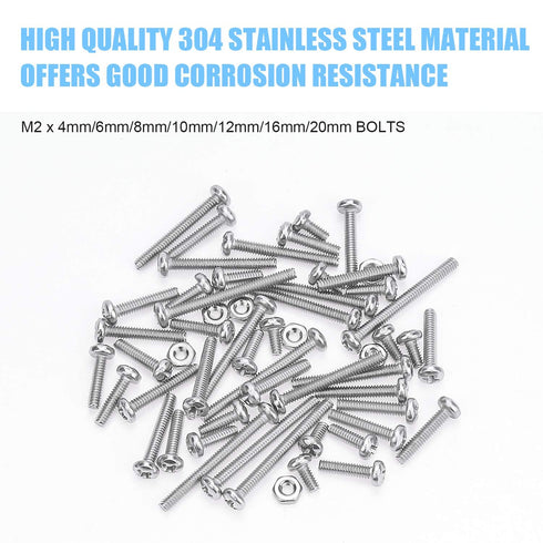 DYWISHKEY 310 Pieces M2 Stainless Steel Phillips Pan Head Cap Bolts Screws Nuts Kit