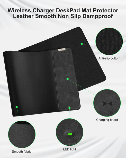 Mouse Pad with Wireless Charging, Black Long Desk Mat, Large Gaming Mouse Pad with Non-Slip Rubber Base