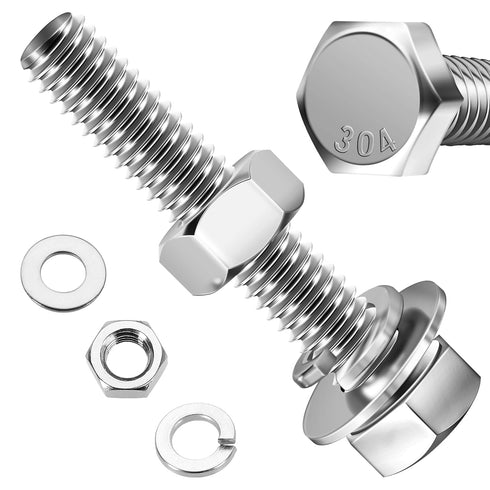 (6 Sets) 3/8-16x2" Hex Head Stainless Steel Bolts and Nuts with Flat & Lock Washers, 304 Stainless Steel 18-8, Fully
