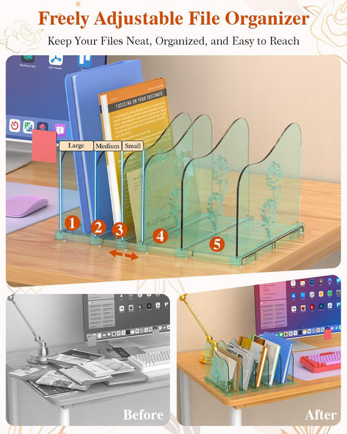 Adjustable Rose File Organizer for Desk, Vertical File Folder Holders for Magazines, Upright Desktop Binder Organizer