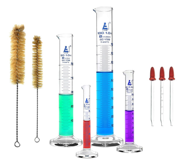 EISCO Graduated Cylinder Set, 9 Pieces - Class B Thick Borosilicate 3.3 Glass Cylinders, 5ml, 10ml, 50ml, 100ml, 3
