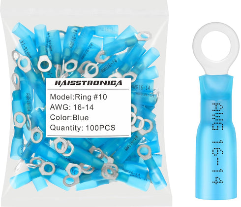 haisstronica 100pcs #10 Blue Marine Grade Heat Shrink Ring Connectors, 16-14 Gauge Tinned Copper Ring Terminals