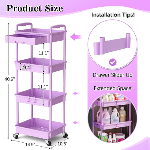 4 SUNALLY Tier Rolling Cart Organizer with Drawer, Bathroom Storage Carts with Wheels & Plastic Shelf, Mobile Storage