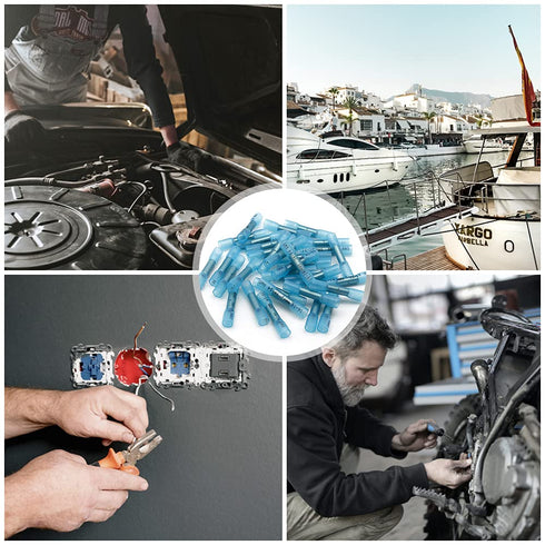 100 Pcs Blue Heat Shrink Butt Connectors, 16-14 AWG Waterproof Electrical Crimp Wire Splice for Marine, Cable, Wiring