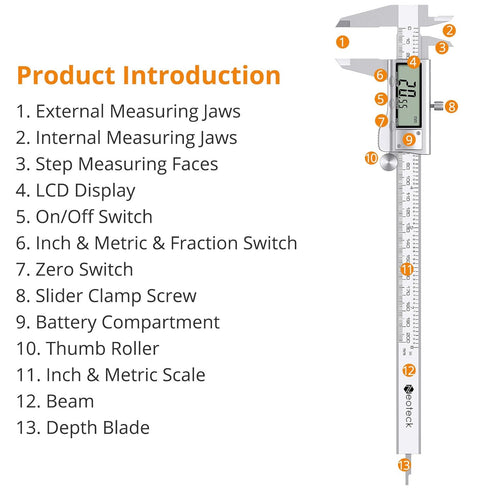 Neoteck 8 inch Digital Caliper, Stainless Electronic Measuring Tool with Fraction/Inch/Millimeter Conversion