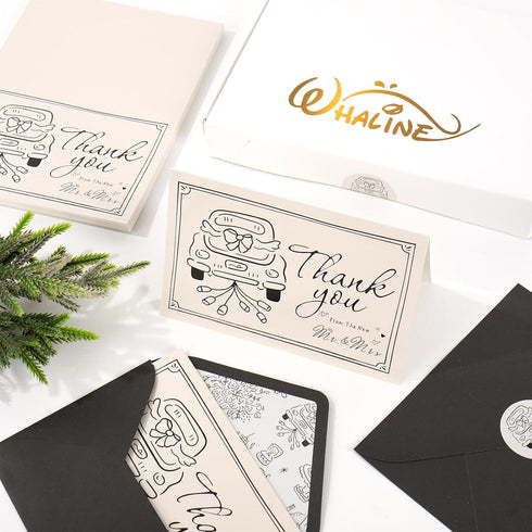50 Pack Whaline Wedding Thank You Cards Boxed Black The New Mr & Mrs Car Cake Thank You Greeting Note Cards