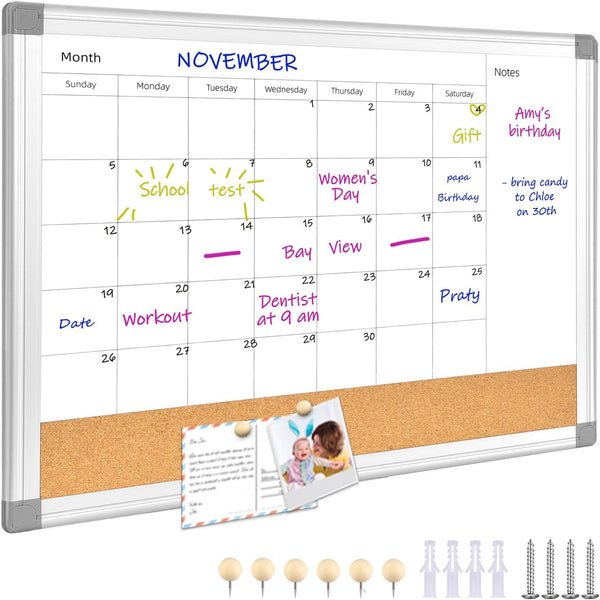 Upgraded Monthly Calendar Dry Erase White Board & Cork Bulletin Board, 13" x 17" Aluminum Frame, Magnetic Surface