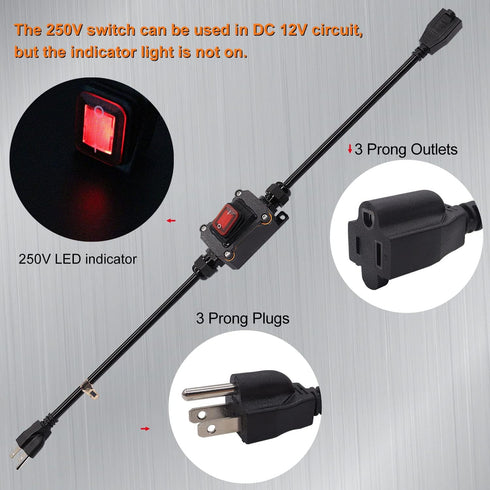 Weideer 2FT Extension Cord with Inline Switch On/Off, IP67 Waterproof, 20A 250V, Red LED Rocker Switch for Holiday