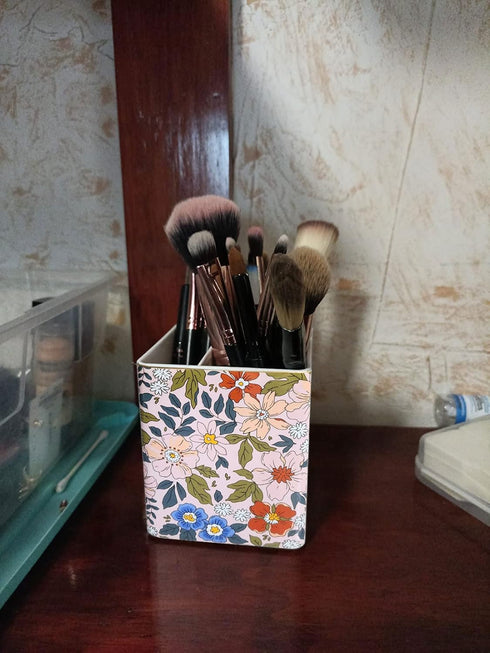 Ceramic Pen Pencil Holder, Makeup Brush Organizer with 2 Compartments, Floral Multi-functional Storage Caddy, Pink