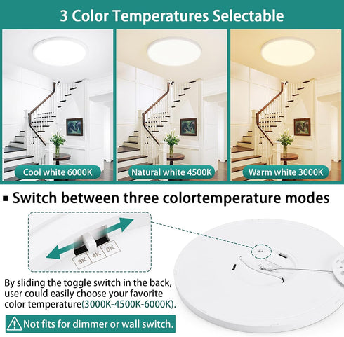 12Inch 24 2400 Dimmable, 3-CCT (3000K/4000K/6000K), LED Flush Mount Ceiling Light W LM Changeable Ultra-Thin Modern