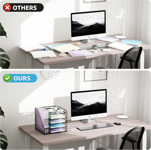 Marbrasse Desk Organizers, Black 5-Tier Paper Letter Tray Organizer with File Holder for Office Desk Accessories