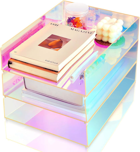 Suzile 3 Pcs Iridescent Acrylic Letter Organizer, Stackable Letter Tray for Desk File Document Folder
