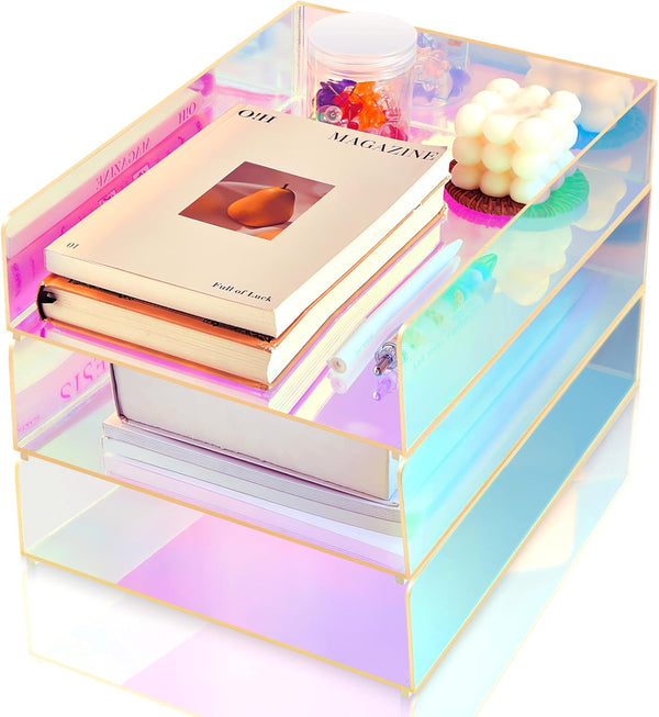 Suzile 3 Pcs Iridescent Acrylic Letter Organizer, Stackable Letter Tray for Desk File Document Folder