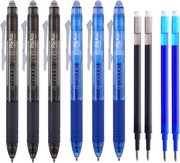 ParKoo Retractable Erasable Gel Pens, 0.7 mm Fine Point, 3 Black/3 Blue Ink Pens with 4 Bonus Refills