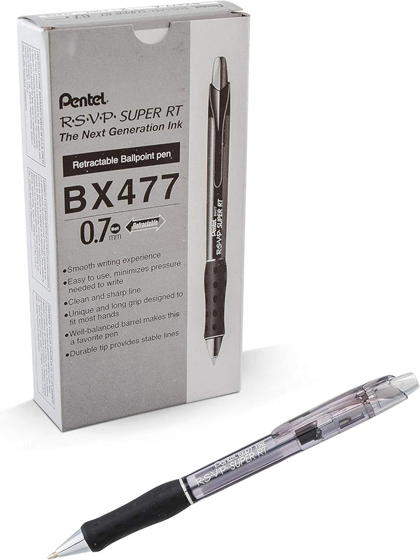 Pentel RSVP Super RT Ballpoint Pen, Fine Line 0.7mm Black Ink, Box of 12 (BX477-A)