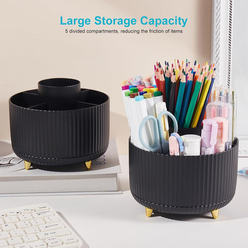 Desk Pencil Pen Holder, 5 Slots 360 Degree Rotating Organizers for Office Accessories and School Supplies (Black)