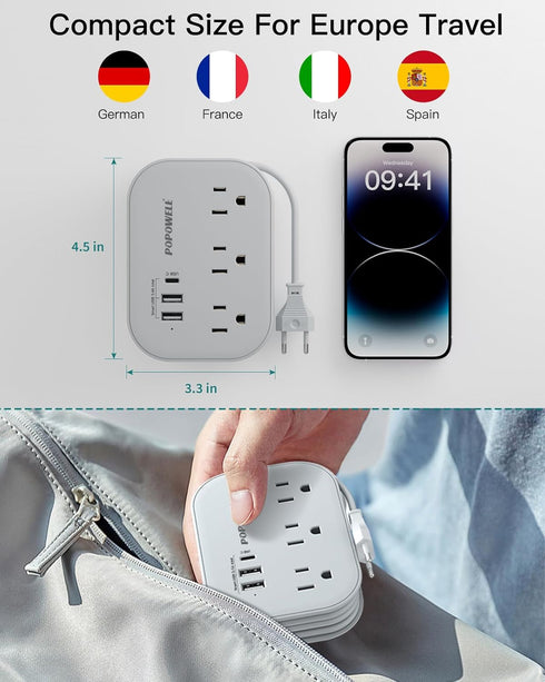 European Travel Plug Adapter USB C, Popowell International Adapter, 4 FT Power Strip with 3 Outlets & 3 USB