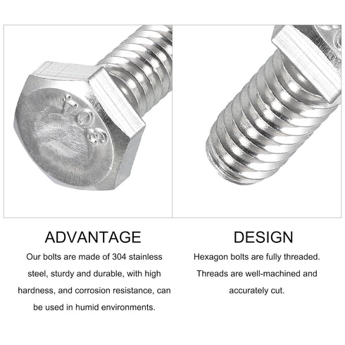 Hex Bolts 20Pcs (1/4-20x5/8") - 304 Stainless Steel UNC Fully Threaded Hex Head Screw Bolt for Furniture Repair, Silver