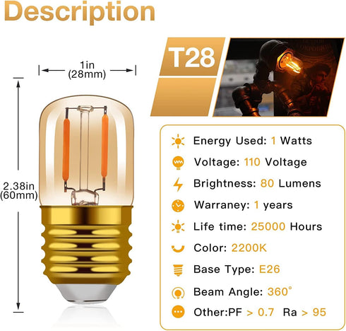 1W Low Wattage LED Edison Night Light Bulbs Warm,T28 Mini Vintage Light Bulb 10W Incandescent Equal,E26 Medium Screw Base Bulb for Oven Bulbs Decoration 6 Pack by Hcnew