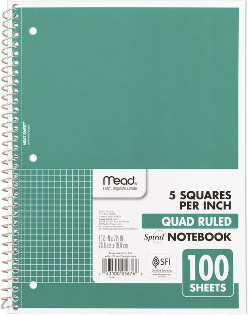 Mead Spiral Notebook, 1 Subject, Graph Ruled Paper, 7-1/2" x 10-1/2", 100 Sheets, Green