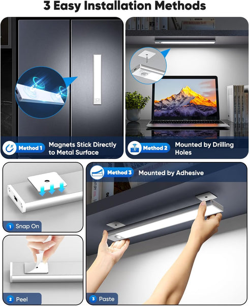 10 Inch 2200mAh Closet 6500K Dimmable Counter 3 Packs Under Cabinet Lighting, LED Battery Operated Rechargeable Motion