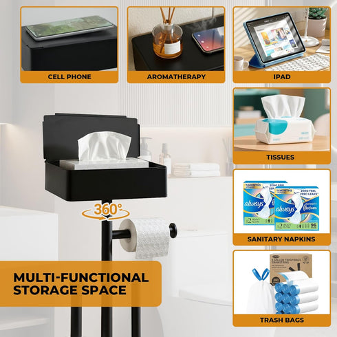 AIGOTSUKI 7 Freestanding Toilet Paper Holder Stand with Shelf for Rolls, Free Standing Black Toilet Paper Roll Holder
