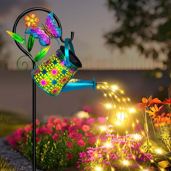 Solar Watering Can with Lights, Waterproof Solar Lantern with Butterfly Shepherd Hook,