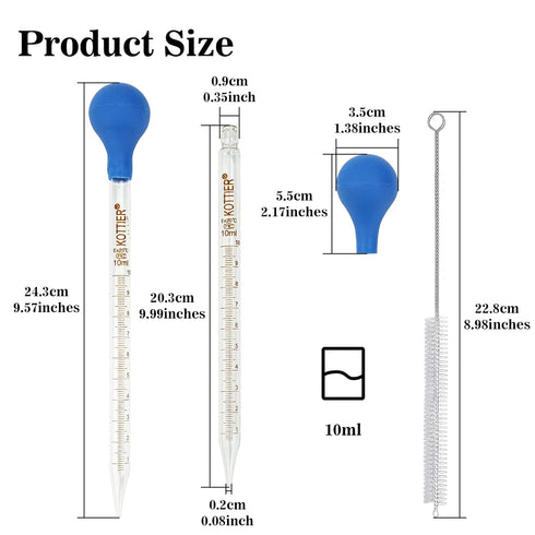 3Pcs Glass Pipettes Dropper, 10ml Graduated Liquid Dropper with Rubber Bulb and Cleaning Brush, Transfer Pipettes for Essential Oil