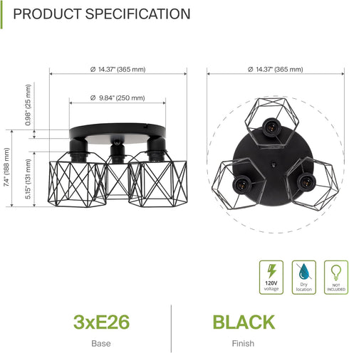 3xE26 120V ASD Black Semi Flush Mount Ceiling Light Fixture - ETL Modern Light Fixtures Ceiling Mount, Semi Flush Mount