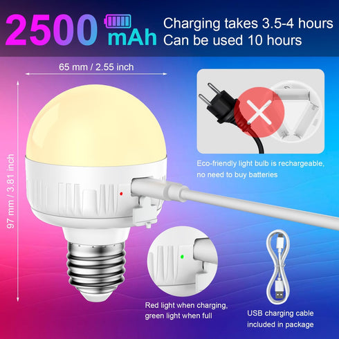 LGMCF Bulb E26 2Pack 6W 450LM Dimmable Bulb 15 3 2500mAh Bulbs, Bulbs Rechargeable Light with Remote - Detachable LED
