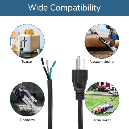 10FT Power Cable Replacement, 110V 115V 120V 300V Pigtail for Appliance, NEMA 5-15P Plug US SJT 18AWG