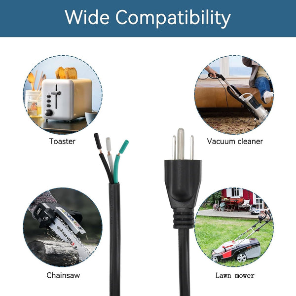 10FT Power Cable Replacement, 110V 115V 120V 300V Pigtail for Appliance, NEMA 5-15P Plug US SJT 18AWG