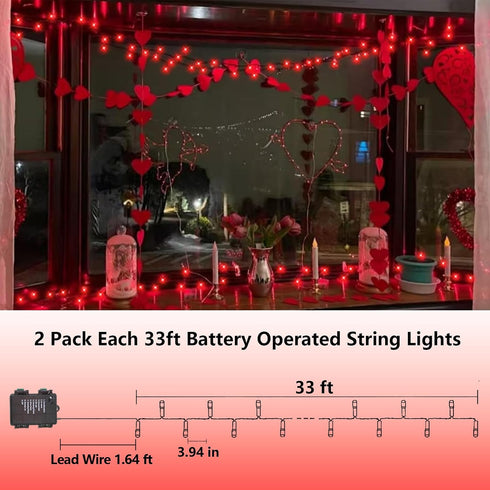2 Pack 33ft 100 YEGUO Valentines Day String Lights Battery Operated, Each LED Red Christmas Lights Outdoor Waterproof