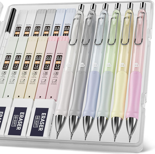 Nicpro 6PCS Pastel Mechanical Pencil Set, 0.5mm with Comfort Grip, 12 Tubes HB Lead Refill, 3 Erasers
