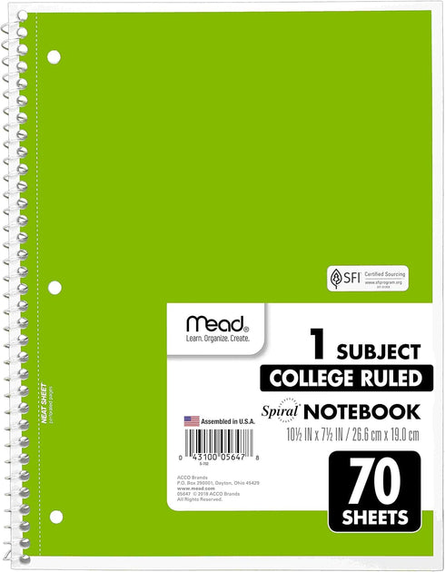 Mead Spiral Notebooks, 6 Pack, 1-Subject, College Ruled Paper, 10-1/2" x 8”, 70 Sheets per Notebook, Assorted Colors (73065)…